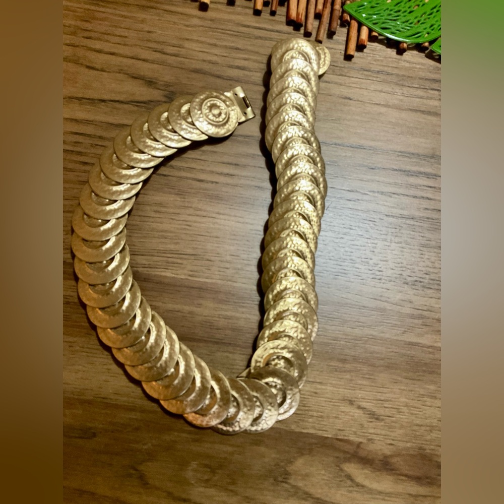Vtg. Belt Women's Lg-2X -Bohemian Hammered Gold Disc Stretch Retro Disco 80's